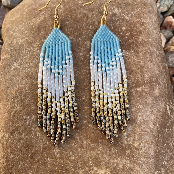 Sky Blue Beaded Earrings with Picasso Fringe, New, Handmade by Me - Picture 6 of 7